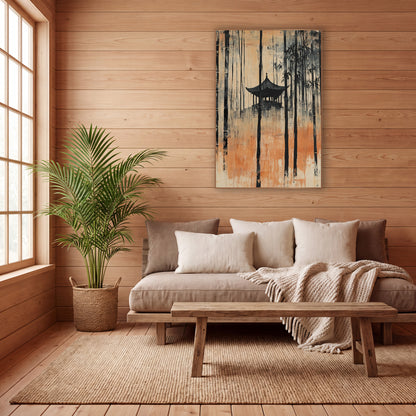 Amber Hilltop Pagoda Bamboo Japandi wall art in a calm Japandi-style room – tall black bamboo stalks around a small