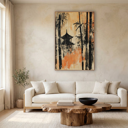 Black Bamboo Pavilion Japandi Scene wall art in a calm Japandi-style room – black bamboo stalks and a pavilion