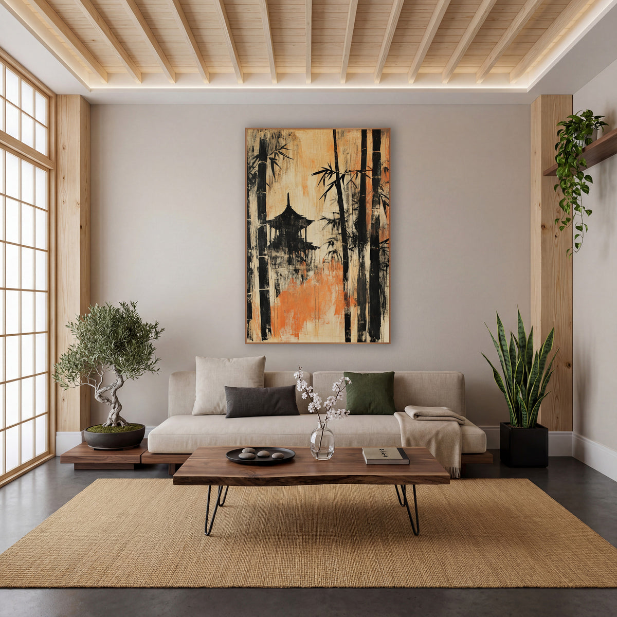 Black Bamboo Pavilion Japandi Scene wall art in a calm Japandi-style room – black bamboo stalks and a pavilion