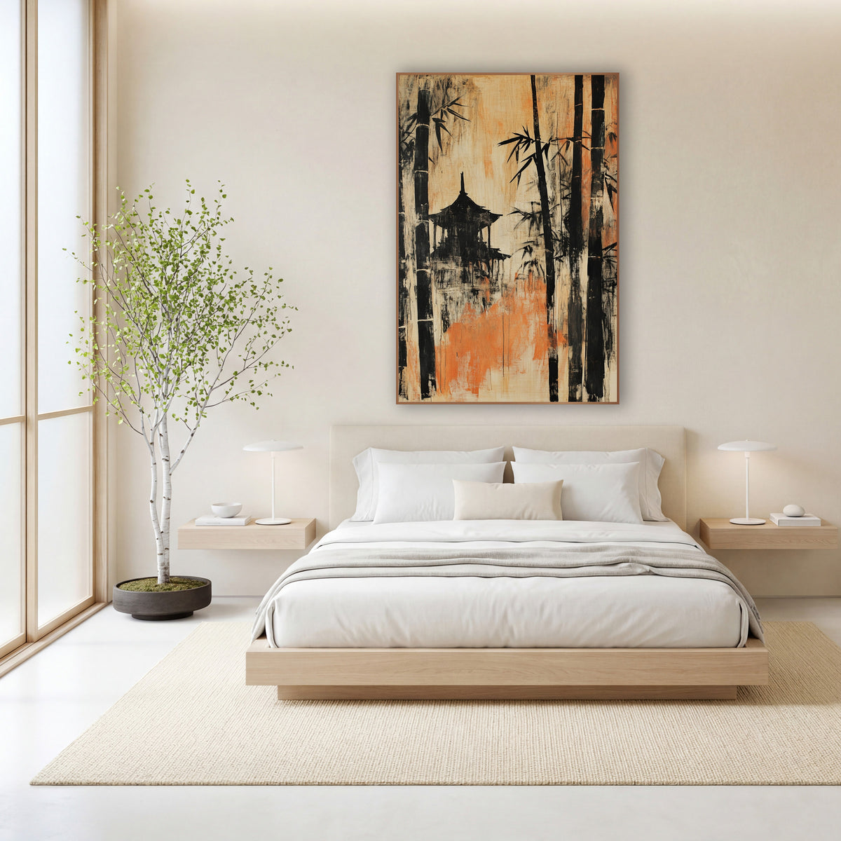 Black Bamboo Pavilion Japandi Scene wall art in a calm Japandi-style room – black bamboo stalks and a pavilion