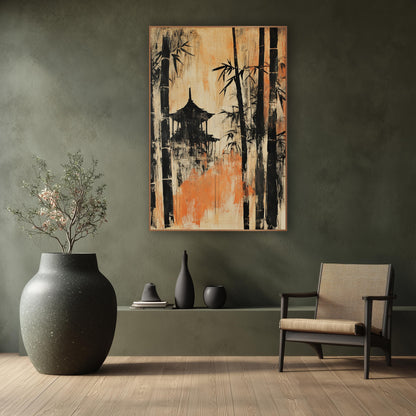 Black Bamboo Pavilion Japandi Scene wall art in a calm Japandi-style room – black bamboo stalks and a pavilion