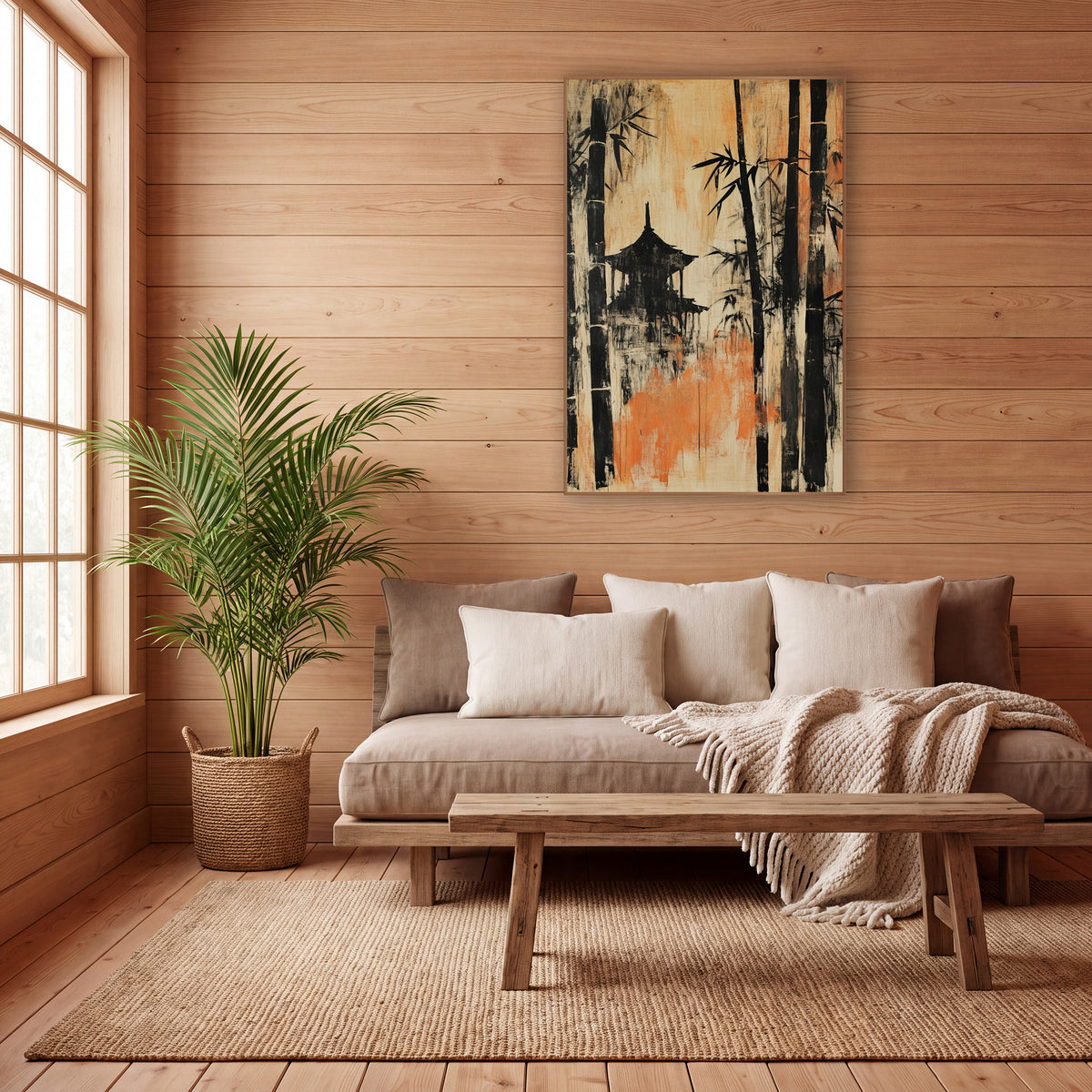 Black Bamboo Pavilion Japandi Scene wall art in a calm Japandi-style room – black bamboo stalks and a pavilion