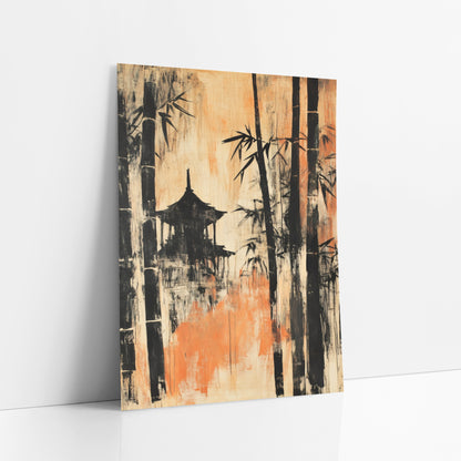 Black Bamboo Pavilion Japandi Scene art print leaning against a white wall – black bamboo stalks and a pavilion silhouette