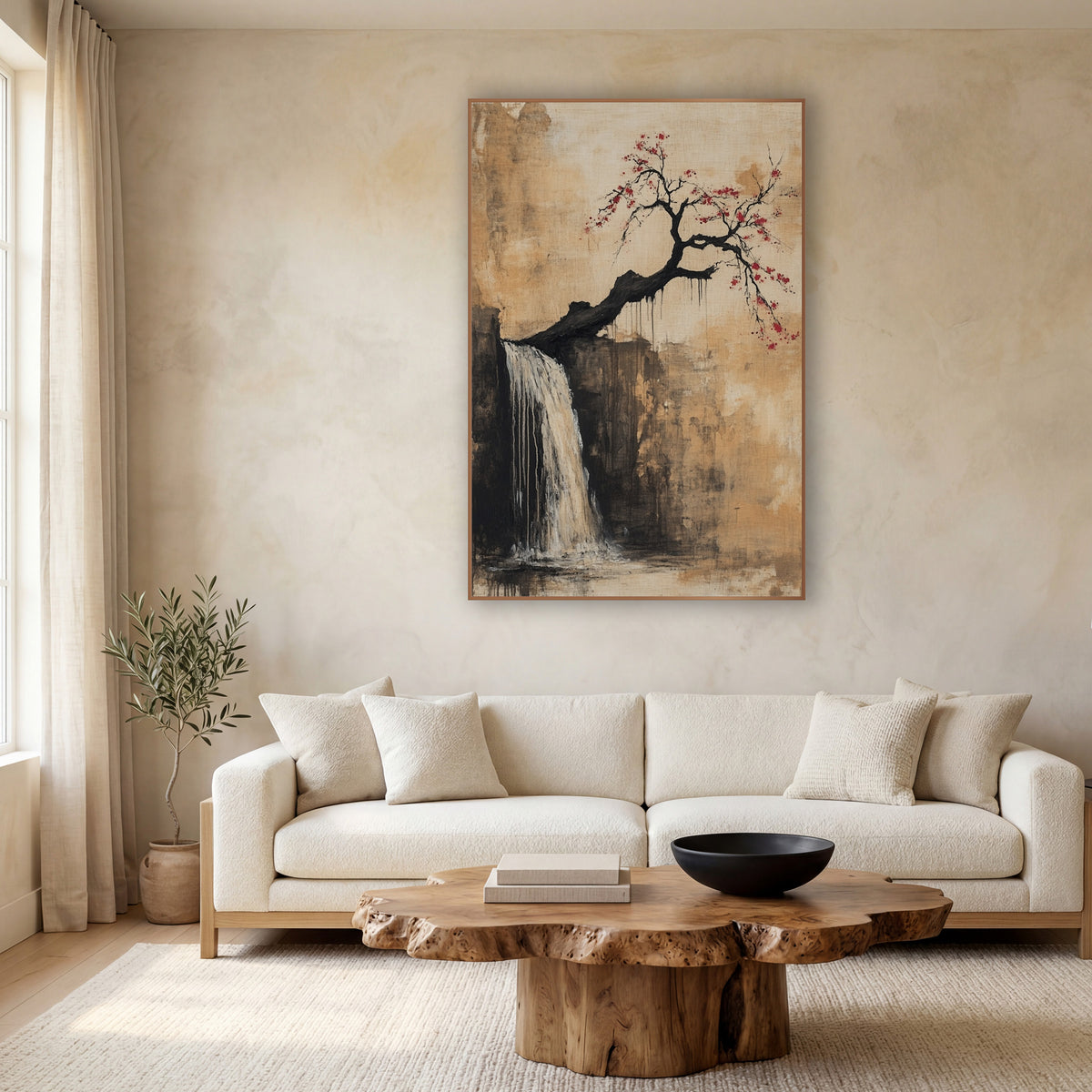 Leaning Plum Cliff Cascade Japandi wall art in a calm Japandi-style room – crooked black plum tree with red blossoms