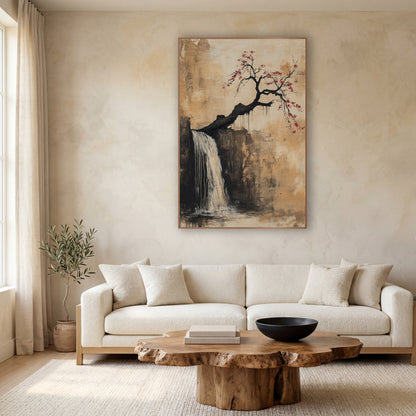 Leaning Plum Cliff Cascade Japandi wall art in a calm Japandi-style room – crooked black plum tree with red blossoms