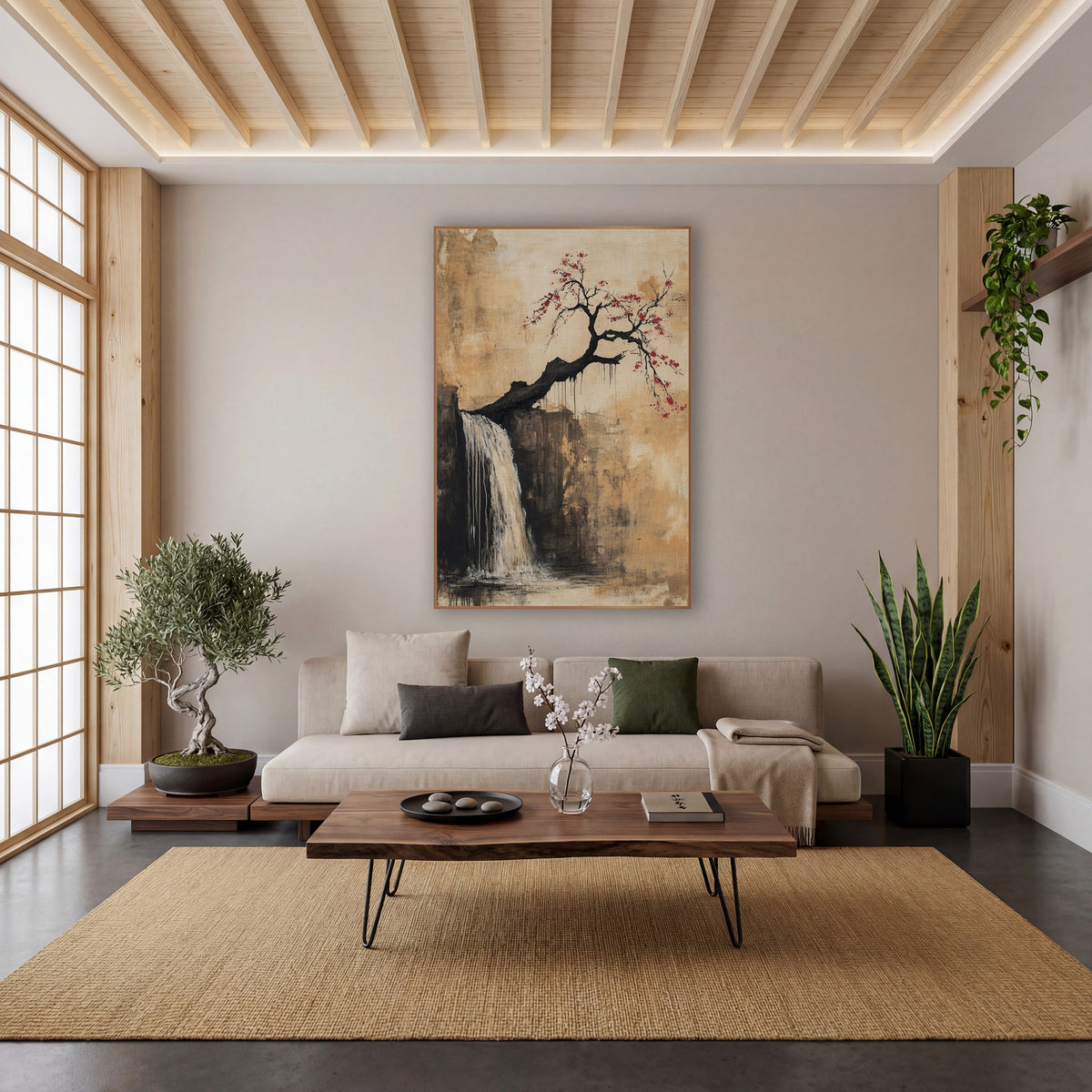 Leaning Plum Cliff Cascade Japandi wall art in a calm Japandi-style room – crooked black plum tree with red blossoms