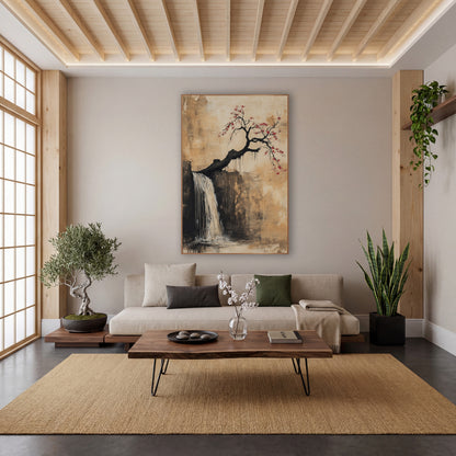 Leaning Plum Cliff Cascade Japandi wall art in a calm Japandi-style room – crooked black plum tree with red blossoms