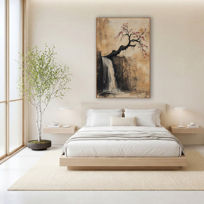Leaning Plum Cliff Cascade Japandi wall art in a calm Japandi-style room – crooked black plum tree with red blossoms