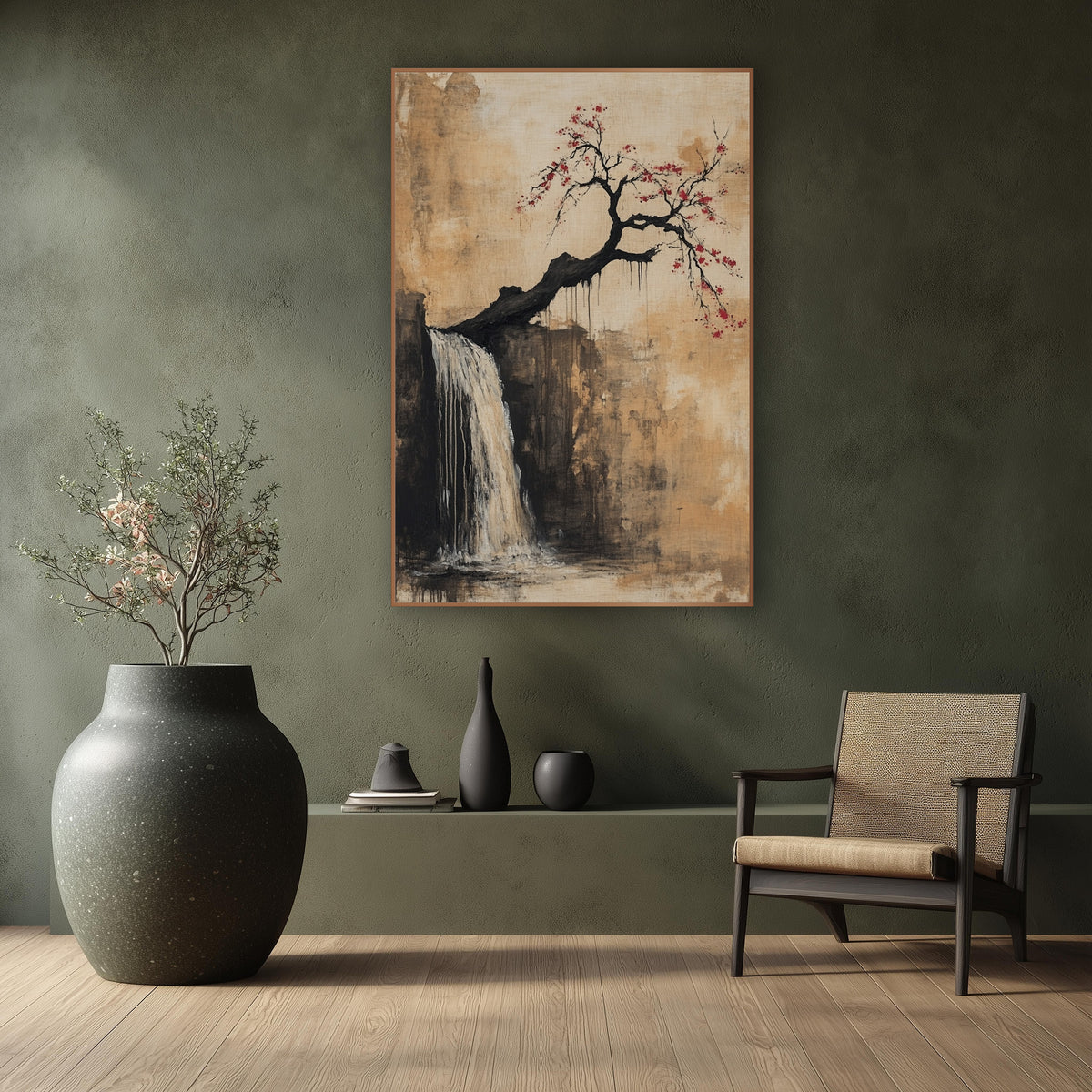 Leaning Plum Cliff Cascade Japandi wall art in a calm Japandi-style room – crooked black plum tree with red blossoms