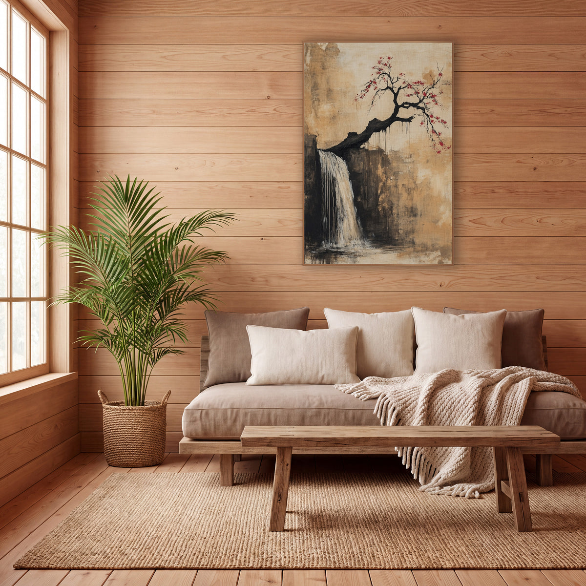 Leaning Plum Cliff Cascade Japandi wall art in a calm Japandi-style room – crooked black plum tree with red blossoms