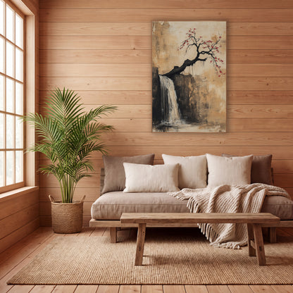 Leaning Plum Cliff Cascade Japandi wall art in a calm Japandi-style room – crooked black plum tree with red blossoms