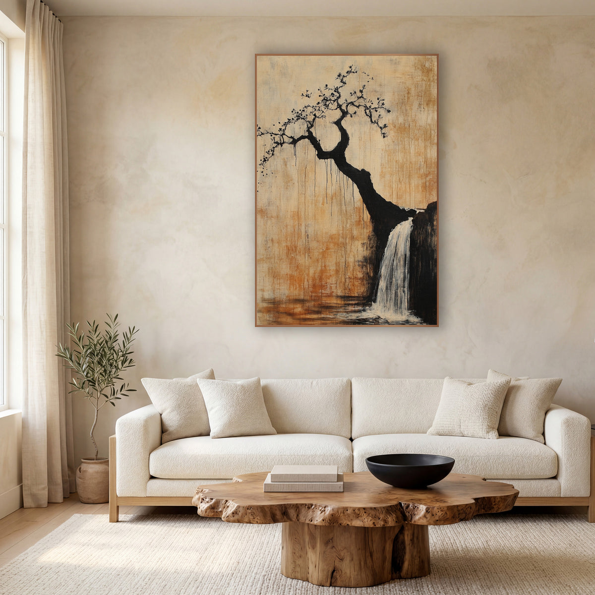Crooked Tree Waterfall Japandi Ink wall art in a calm Japandi-style room – crooked black tree with small blossoms