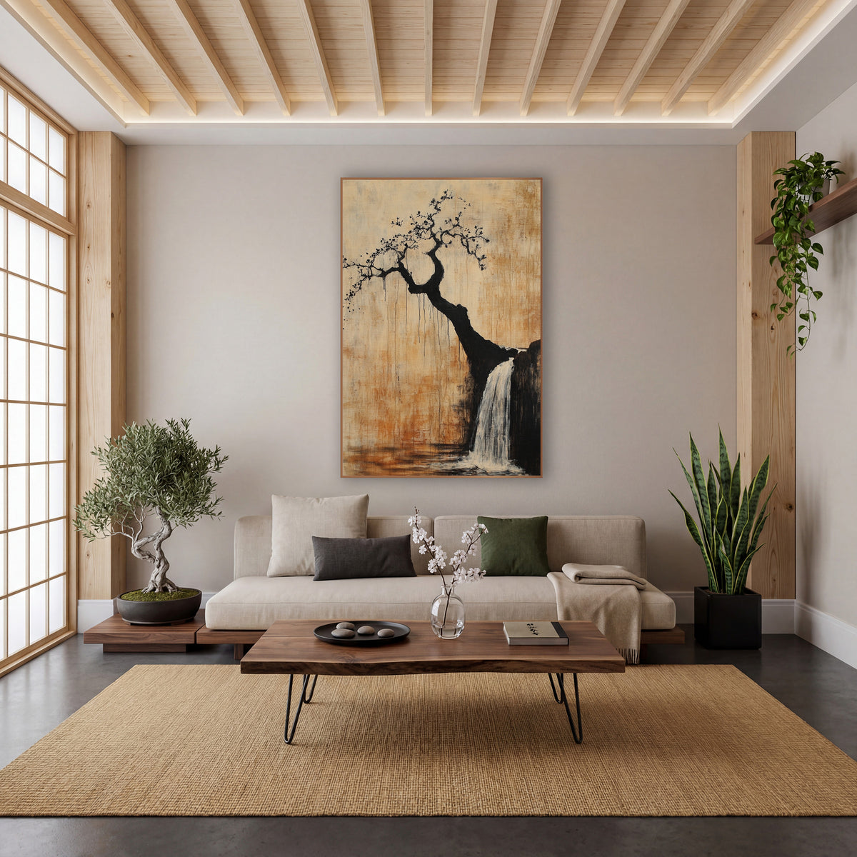 Crooked Tree Waterfall Japandi Ink wall art in a calm Japandi-style room – crooked black tree with small blossoms