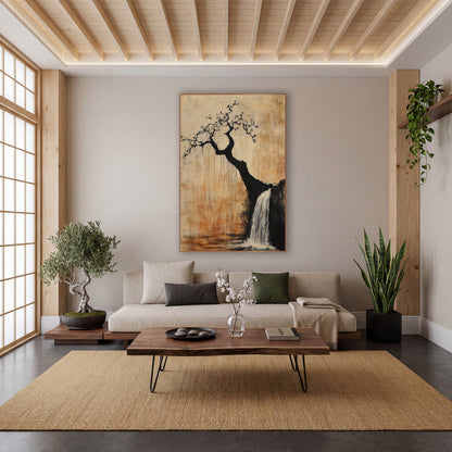 Crooked Tree Waterfall Japandi Ink wall art in a calm Japandi-style room – crooked black tree with small blossoms