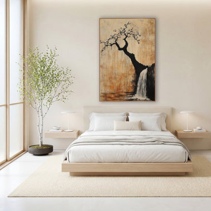 Crooked Tree Waterfall Japandi Ink wall art in a calm Japandi-style room – crooked black tree with small blossoms