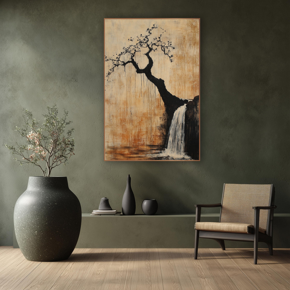 Crooked Tree Waterfall Japandi Ink wall art in a calm Japandi-style room – crooked black tree with small blossoms