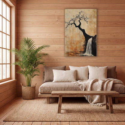 Crooked Tree Waterfall Japandi Ink wall art in a calm Japandi-style room – crooked black tree with small blossoms