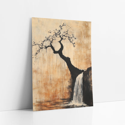 Crooked Tree Waterfall Japandi Ink art print leaning against a white wall – crooked black tree with small blossoms leaning