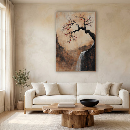 Plum Fruit Mountain Gorge Rustic wall art in a calm Japandi-style room – crooked black plum tree with red fruit
