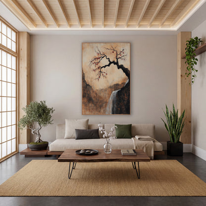 Plum Fruit Mountain Gorge Rustic wall art in a calm Japandi-style room – crooked black plum tree with red fruit