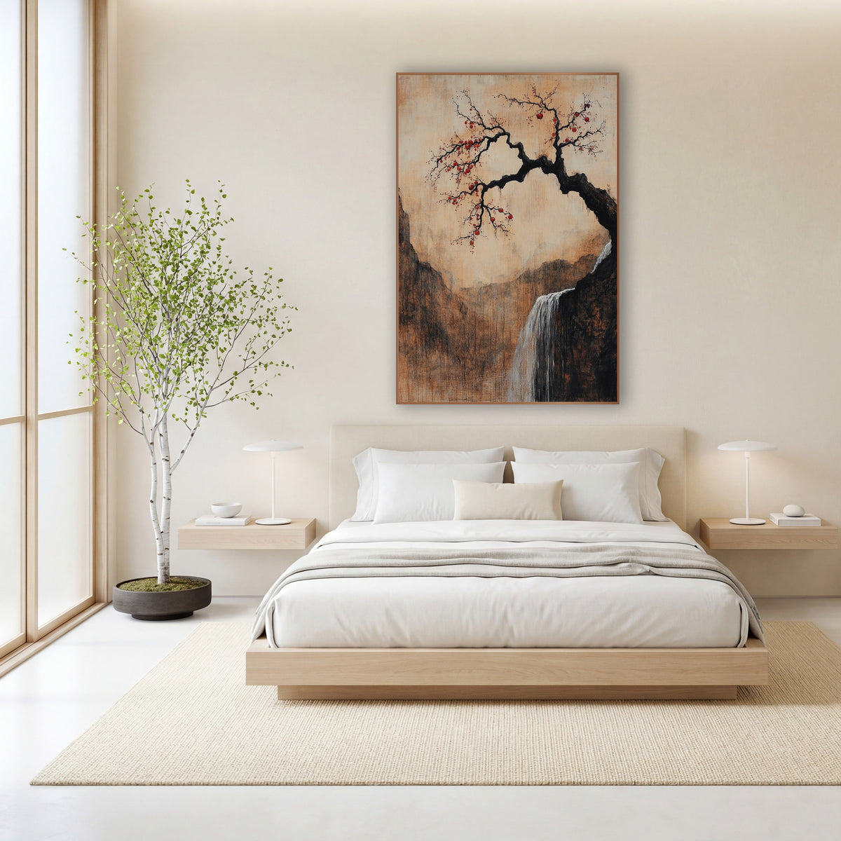Plum Fruit Mountain Gorge Rustic wall art in a calm Japandi-style room – crooked black plum tree with red fruit