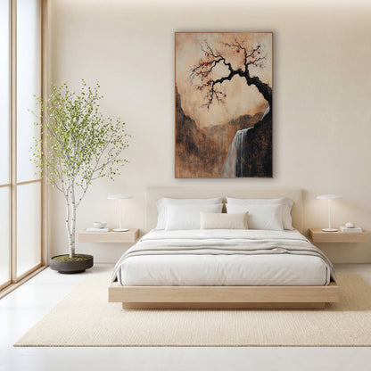 Plum Fruit Mountain Gorge Rustic wall art in a calm Japandi-style room – crooked black plum tree with red fruit