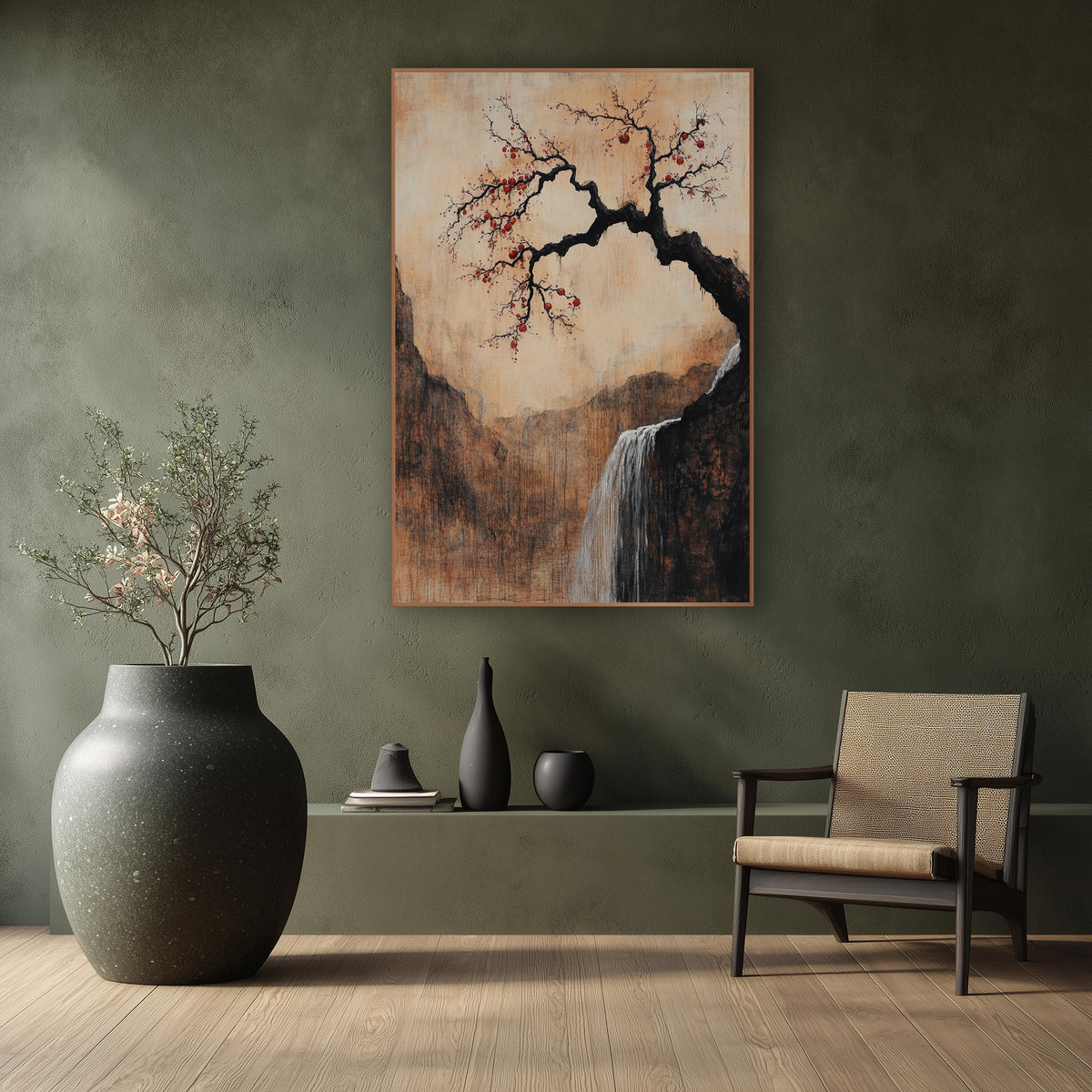 Plum Fruit Mountain Gorge Rustic wall art in a calm Japandi-style room – crooked black plum tree with red fruit