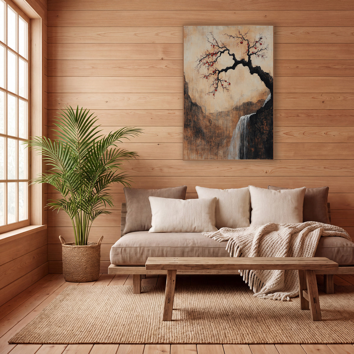 Plum Fruit Mountain Gorge Rustic wall art in a calm Japandi-style room – crooked black plum tree with red fruit