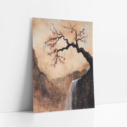 Plum Fruit Mountain Gorge Rustic art print leaning against a white wall – crooked black plum tree with red fruit leaning