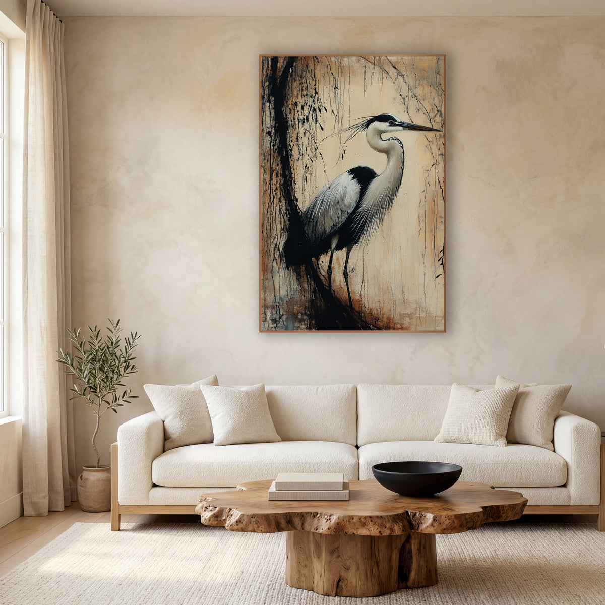 Sunlit Willow Heron Ink wall art in a calm Japandi-style room – gray and white heron standing in profile beside a dark