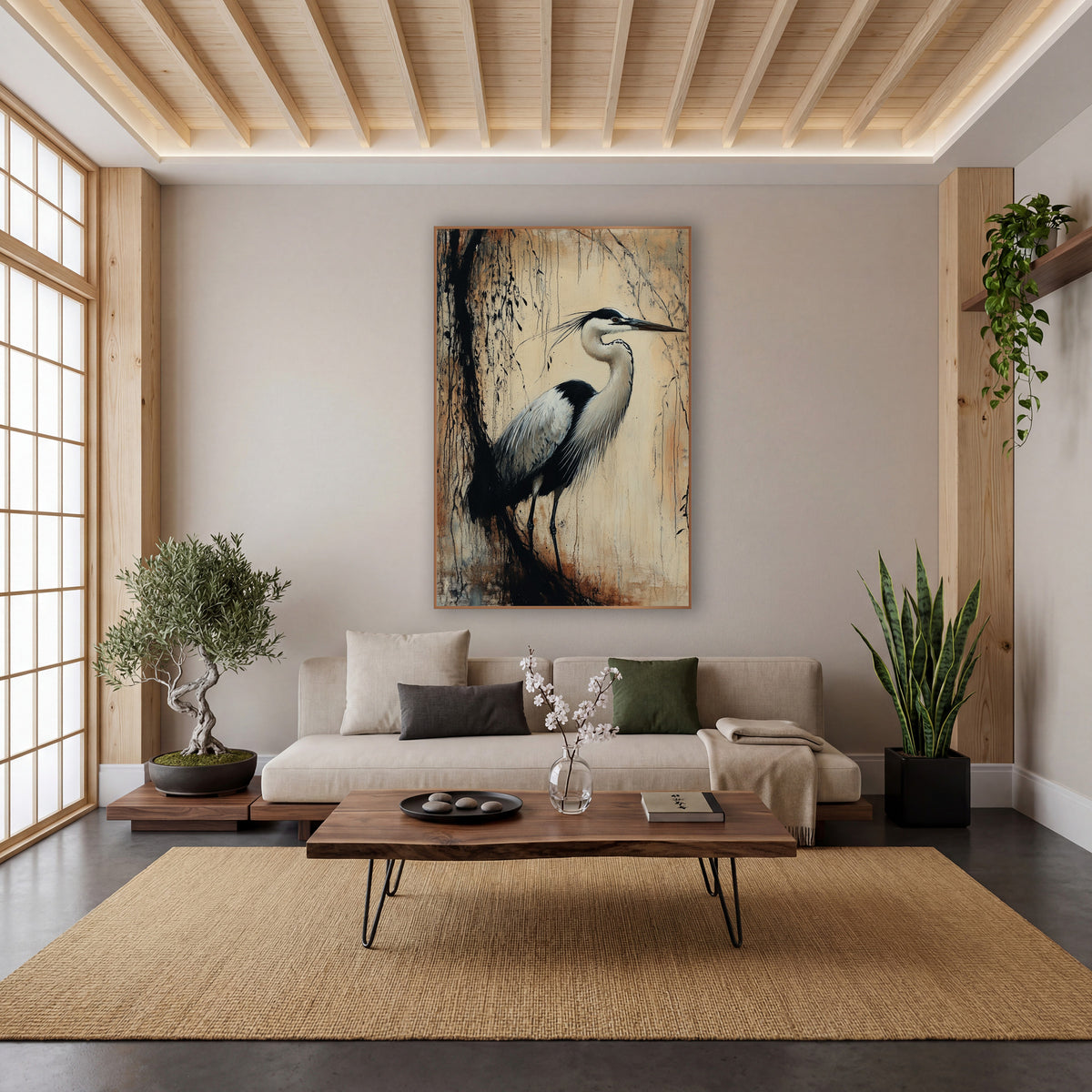 Sunlit Willow Heron Ink wall art in a calm Japandi-style room – gray and white heron standing in profile beside a dark