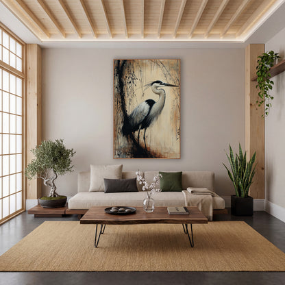 Sunlit Willow Heron Ink wall art in a calm Japandi-style room – gray and white heron standing in profile beside a dark