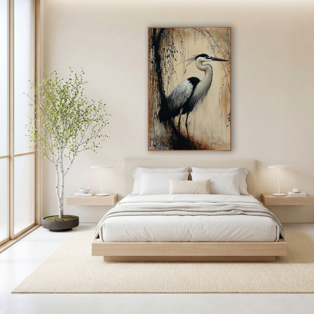 Sunlit Willow Heron Ink wall art in a calm Japandi-style room – gray and white heron standing in profile beside a dark