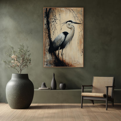 Sunlit Willow Heron Ink wall art in a calm Japandi-style room – gray and white heron standing in profile beside a dark