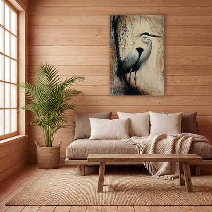 Sunlit Willow Heron Ink wall art in a calm Japandi-style room – gray and white heron standing in profile beside a dark
