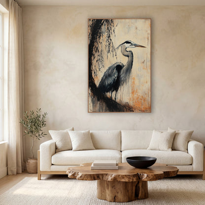 Slate Willow Heron Study wall art in a calm Japandi-style room – gray heron in profile beneath dark drooping branches