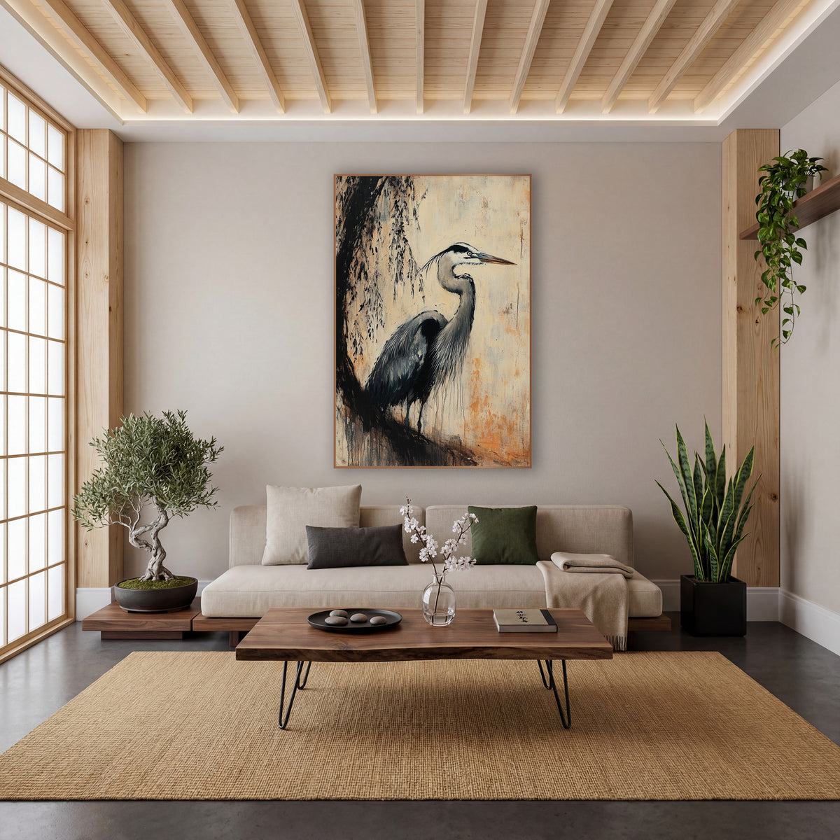 Slate Willow Heron Study wall art in a calm Japandi-style room – gray heron in profile beneath dark drooping branches