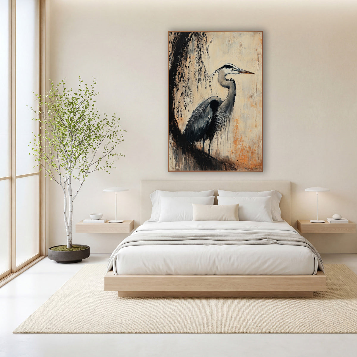 Slate Willow Heron Study wall art in a calm Japandi-style room – gray heron in profile beneath dark drooping branches