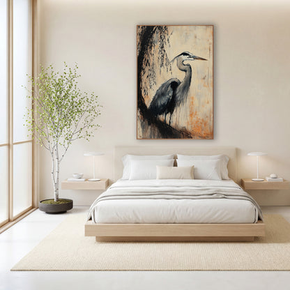 Slate Willow Heron Study wall art in a calm Japandi-style room – gray heron in profile beneath dark drooping branches