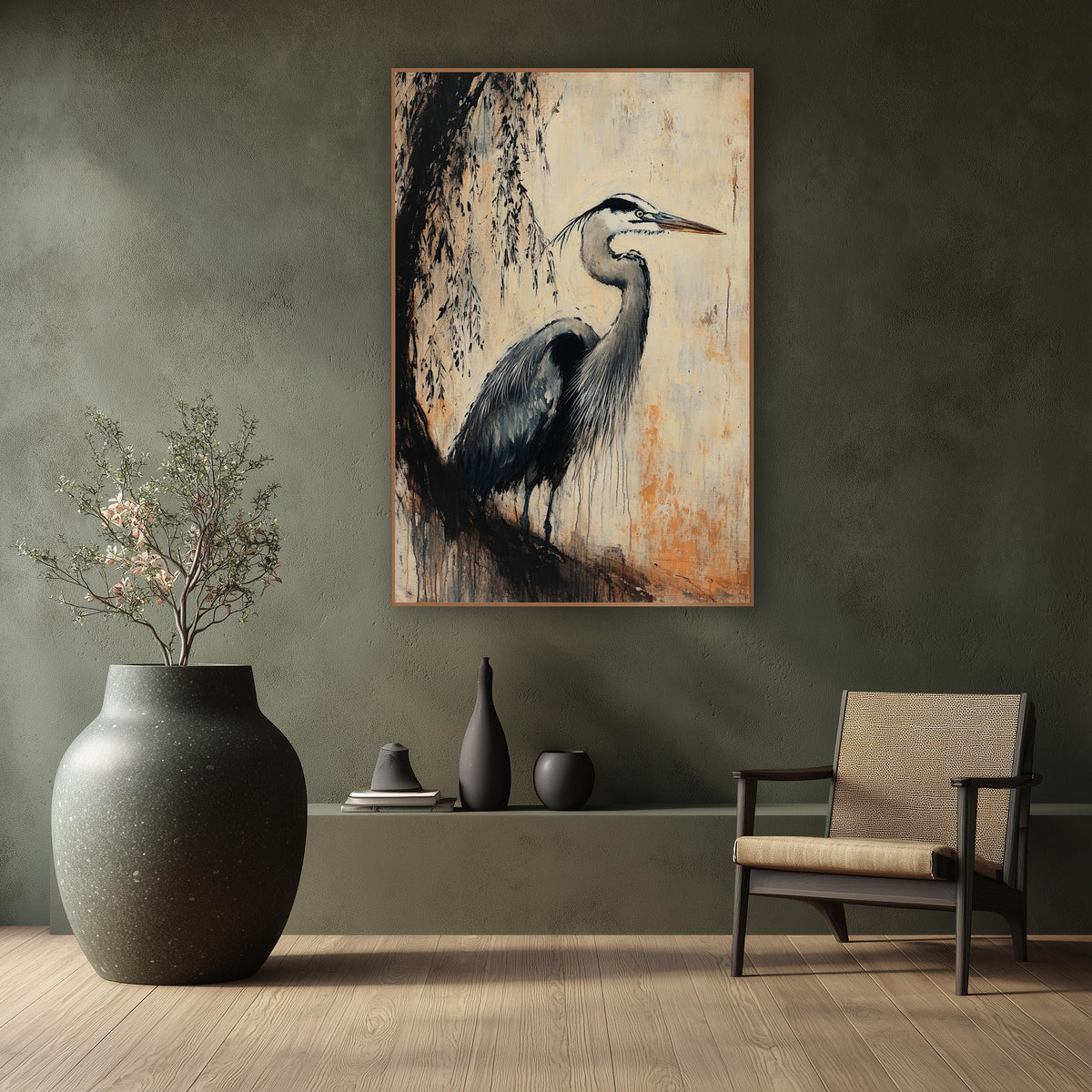 Slate Willow Heron Study wall art in a calm Japandi-style room – gray heron in profile beneath dark drooping branches