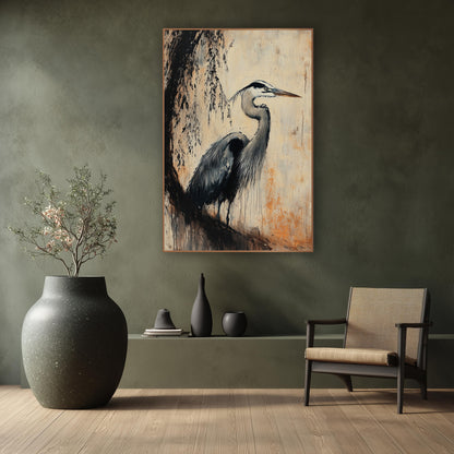 Slate Willow Heron Study wall art in a calm Japandi-style room – gray heron in profile beneath dark drooping branches