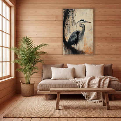 Slate Willow Heron Study wall art in a calm Japandi-style room – gray heron in profile beneath dark drooping branches