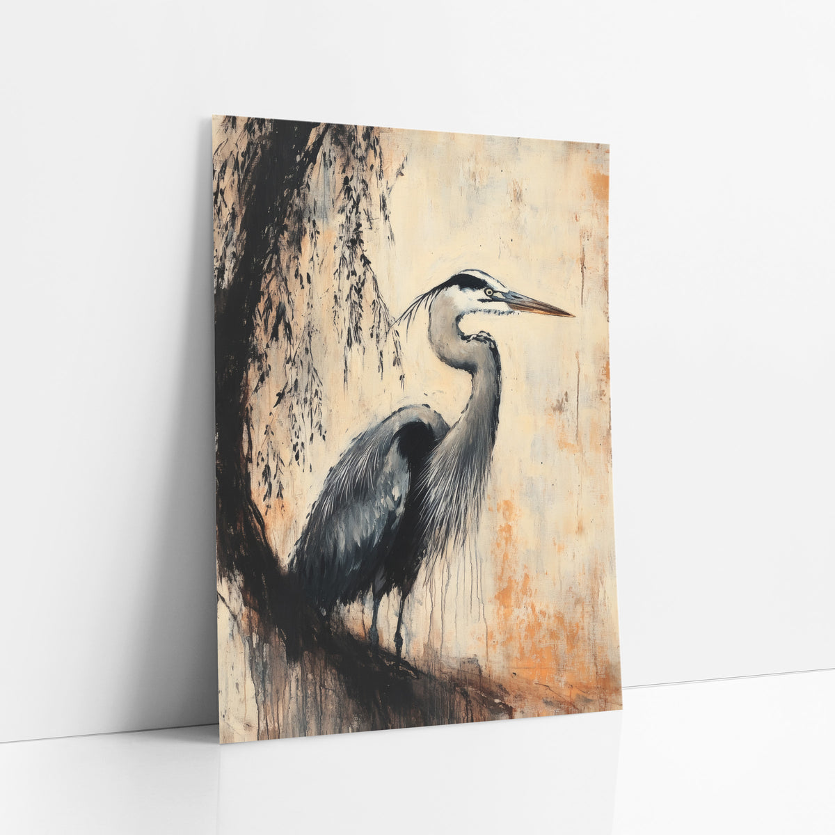 Slate Willow Heron Study art print leaning against a white wall – gray heron in profile beneath dark drooping branches