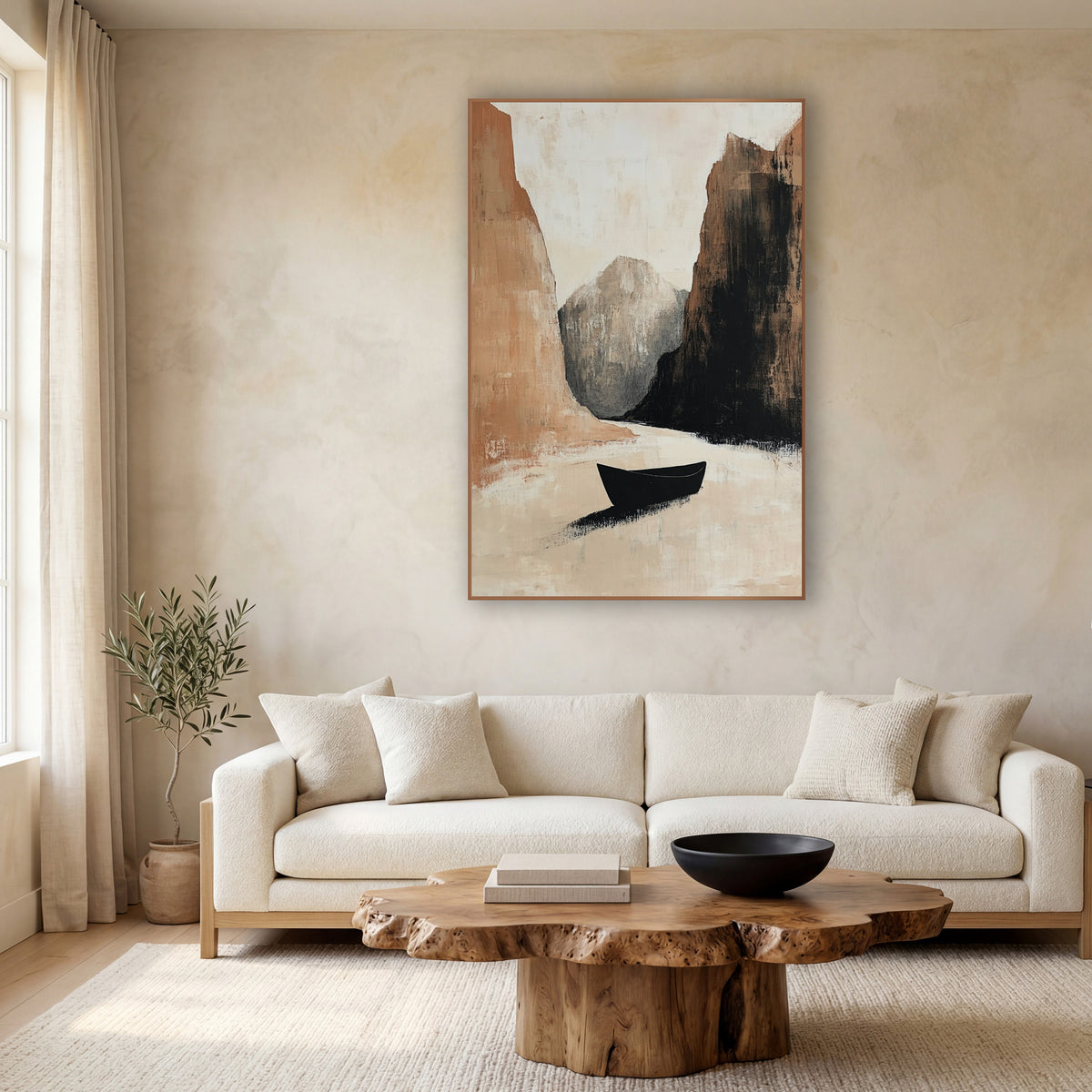 Lone Black Boat Canyon Abstract wall art in a calm Japandi-style room – abstract landscape of a small black boat