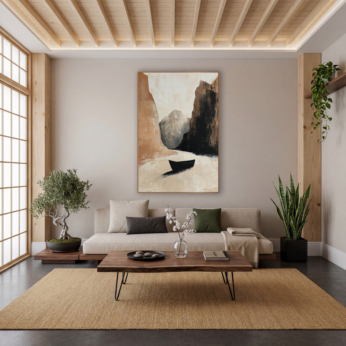Lone Black Boat Canyon Abstract wall art in a calm Japandi-style room – abstract landscape of a small black boat