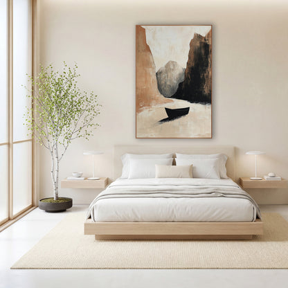 Lone Black Boat Canyon Abstract wall art in a calm Japandi-style room – abstract landscape of a small black boat