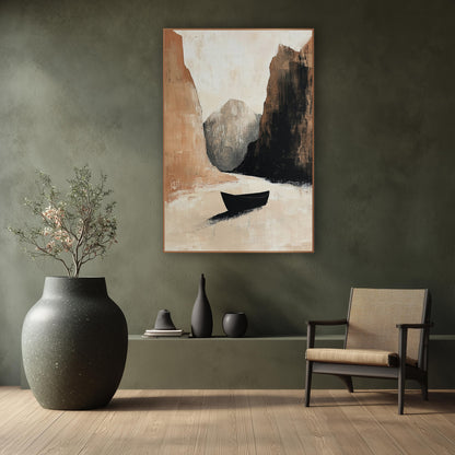 Lone Black Boat Canyon Abstract wall art in a calm Japandi-style room – abstract landscape of a small black boat