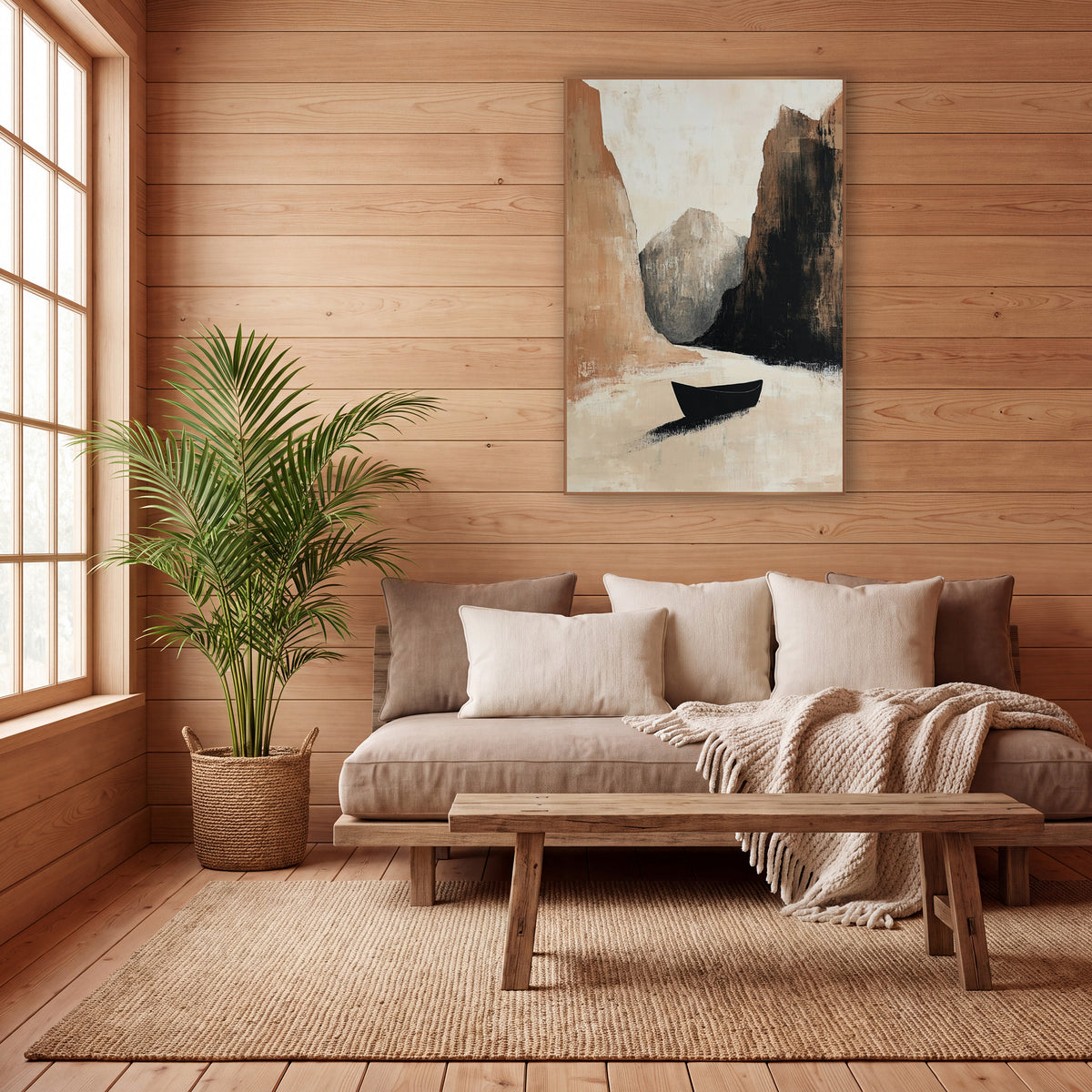 Lone Black Boat Canyon Abstract wall art in a calm Japandi-style room – abstract landscape of a small black boat