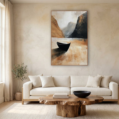 Lone Black Boat Mountain Landscape wall art in a calm Japandi-style room – black boat on still pale water between