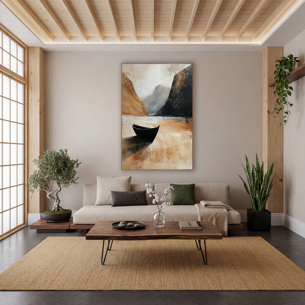 Lone Black Boat Mountain Landscape wall art in a calm Japandi-style room – black boat on still pale water between